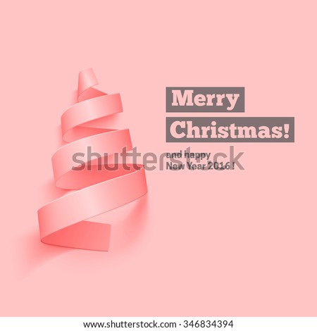 Holiday Christmas background. Pink Christmas tree and text. Greeting card vector template.