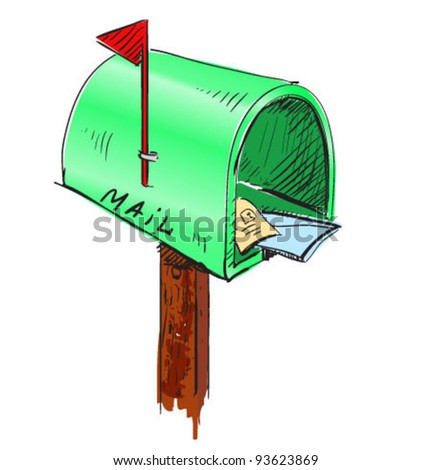 Green Mailbox Cartoon Icon. Sketch Fast Pencil Hand Drawing