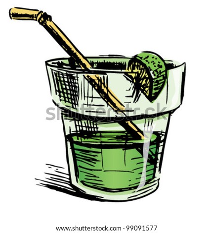 Cocktail Glass With Citrus Segment. Hand Drawing Sketch Vector