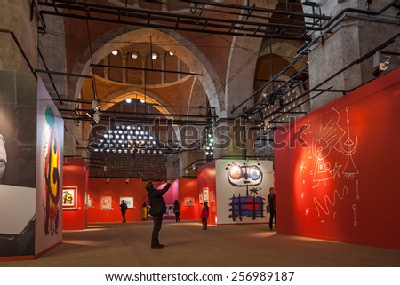 Istanbul, Turkey - OCTOBER 29, 2013: Visitors in Tophane-i Amire, a modern exhibition hall, former cannon foundry. Joan Miro exhibition.