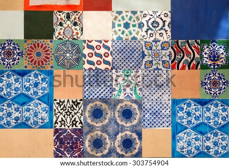 ISTANBUL, TURKEY - MAY 10 2015 : Mixture of Oriental floral traditional Turkish tiles designs on wall