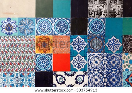 ISTANBUL, TURKEY - MAY 10 2015 : Mixture of Oriental floral traditional Turkish tiles designs on wall