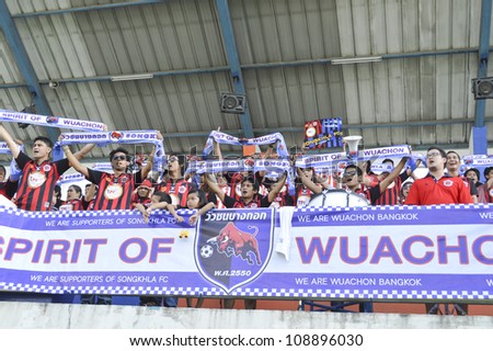 BANGKOK THAILAND - JULY 21 : Fan Club of Wuachon Fc in Thai Premier League (TPL) between Thai Port FC (O) vs Wuachon Utd (R) on July 21, 2012 at PAT Stadium in Bangkok, Thailand