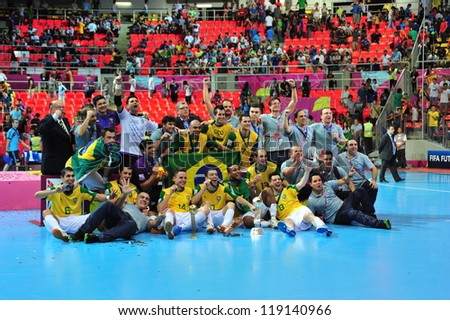 BANGKOK, THAILAND - NOVEMBER 18: Brazil winning the FIFA Futsal World Cup Final at Indoor Stadium Huamark on November 18, 2012 in Bangkok, Thailand.