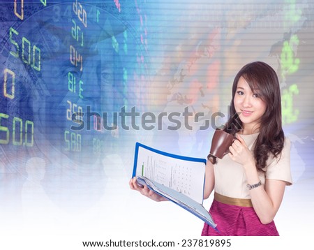 asian businesswoman or stock broker ,hold coffee and the file handle. has stock exchange graph background