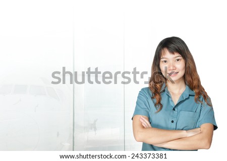 Portrait of young asia business woman has airport background .Mixed Asian / Caucasian businesswoman.