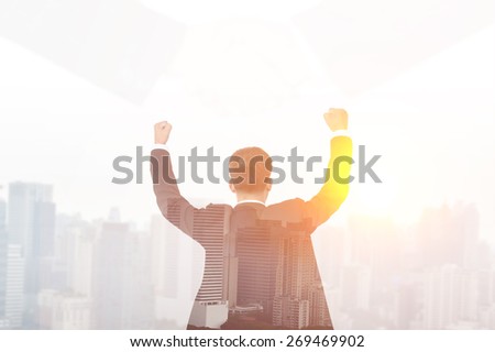 success business man double exposure concept of businessman and city