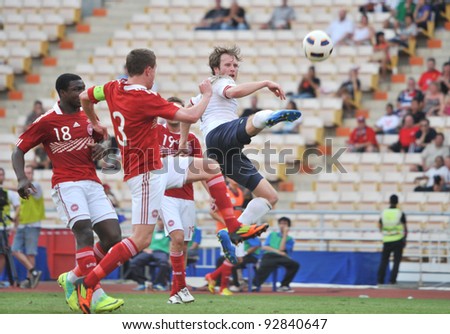 BANGKOK THAILAND - JANUARY 15 : B.Andreas (L) in action during KING\'S CUP 2012 between Denmark vs Norway on January 15, 2012 in Rajamangla Stadium,Bangkok, Thailand.