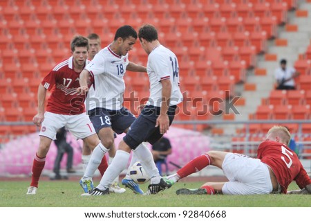 BANGKOK THAILAND - JANUARY 15 : H.Singh (L) in action during KING\'S CUP 2012 between Denmark vs Norway on January 15, 2012 in Rajamangla Stadium,Bangkok, Thailand.