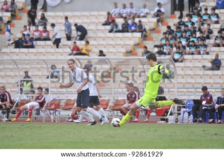 BANGKOK THAILAND - JANUARY 15 : R.Jarstein (R) in action during KING\'S CUP 2012 between Denmark vs Norway on January 15, 2012 in Rajamangla Stadium,Bangkok, Thailand.