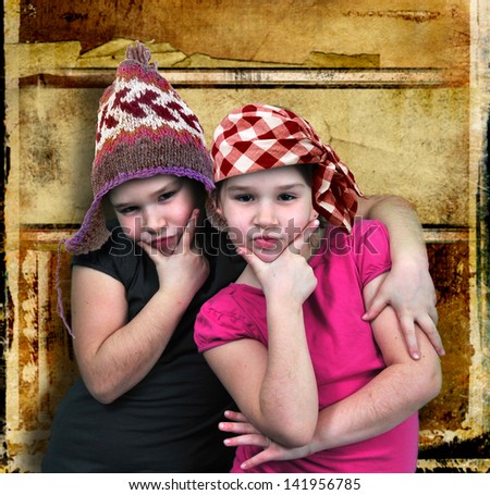 two sisters twins, with handkerchiefs in the head