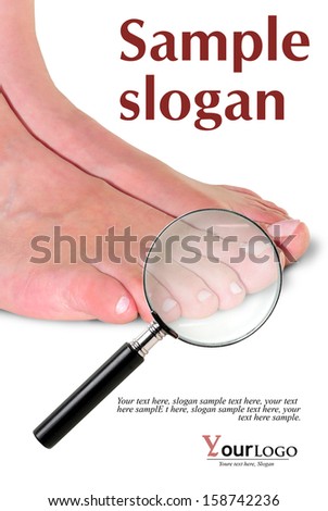 first plane of feet of woman with magnifying glass, and example texts