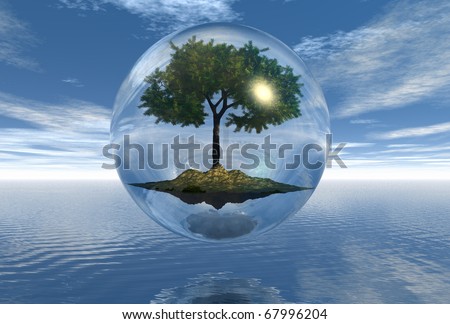 illustration of transparent sphere with tree and island in their interior
