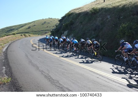BAKERSFIELD, CA - APR 21: Men contestants ride the ninety mile mountainous route of the  Vlees Huis Professional  Road Race on April 21, 2012, in Bakersfield, California.