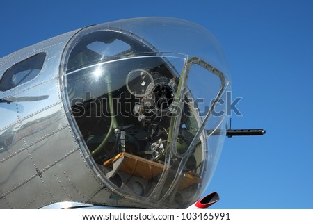 World War Two U. S. Air Force Boeing B-17G Flying Fortress: View of nose canopy and forward gun turret