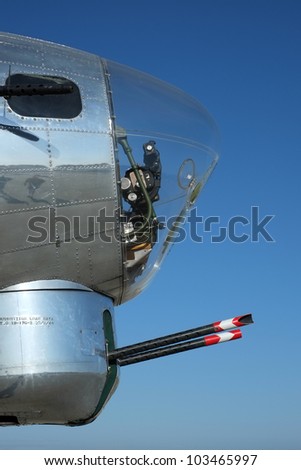 World War Two U. S. Air Force Boeing B-17G Flying Fortress: View of nose canopy and forward gun turret