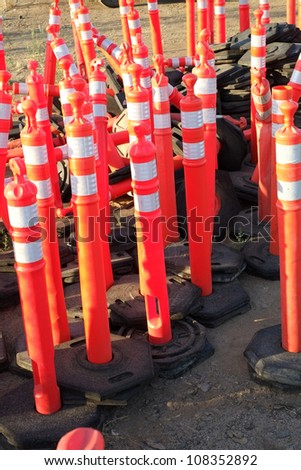 Street maintenance plastic warning pylons are stored for future use at a city corporation yard
