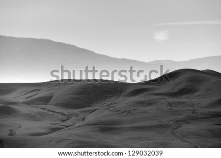Background or texture: Monochrome landscape, foothills of the Southern Sierra Nevada Range with low-lying fog