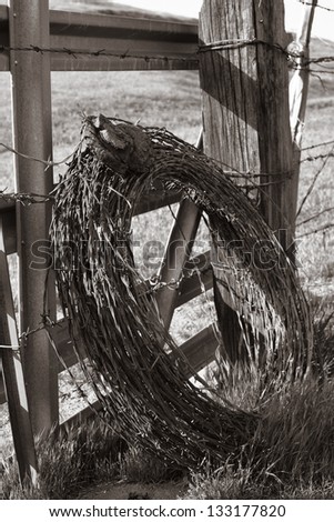A coil of barbed wire leans against a fence on a California ranch, ready for repair work