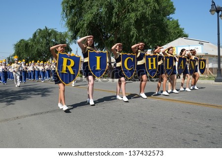 SHAFTER, CA - MAY 4: The Richland High School band plays for the spectators and proudly marches during the Cinco de Mayo Festival parade on May 4, 2013, at Shafter, California.