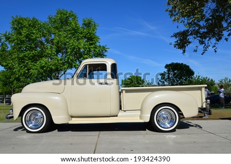 BAKERSFIELD, CA-MAY 17, 2014: A 1953 Chevrolet five window pickup truck has been given new life and is on display at the South High School Car Show.