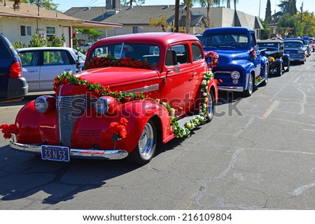 WASCO, CA - SEPTEMBER 6, 2014: Interesting vehicles from the surrounding area line up to join the parade during the annual Festival of Roses.