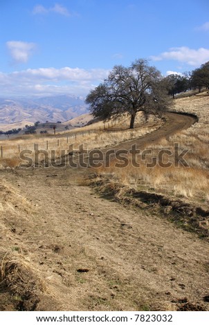 Dirt road snakes its way through foothills and into the Southern Sierra Range, California