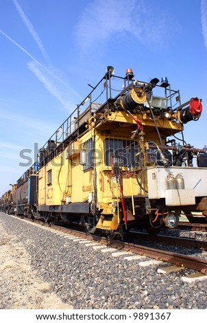 The caboose/office of a track grinding train which grinds rails to provide longer service life