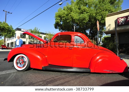 BAKERSFIELD, CA - OCT 10: A 1938 Ford Coupe on display in the downtown area for the Highway 99 Cruise \