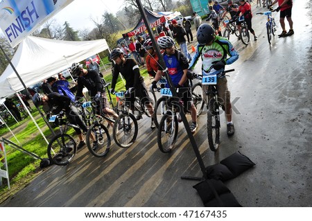 BAKERSFIELD, CA -FEB 21:Rain and cold during the Foothill Classic Mountain Bike Race do not deter contestants from racing February 21, 2010 in Bakersfield, CA