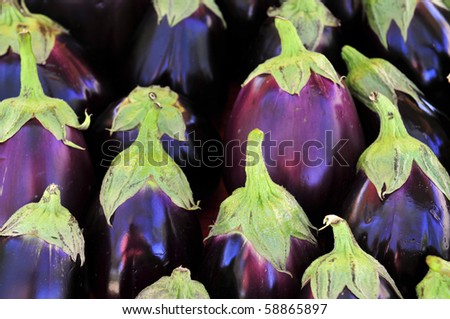 Colorful produce on display at a farmers\' market: Eggplant