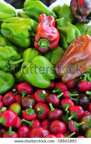 Colorful produce on display at a farmers\' market: Peppers