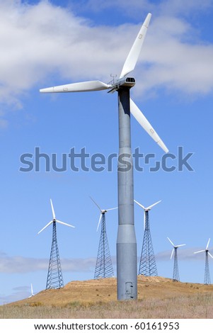 Clusters of wind-powered generators form multi-megawatt wind farms in Central California