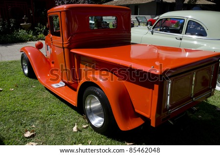 BAKERSFIELD, CA - SEP18: The Kern County Museum Auto Show features classic automobiles, among them this orange Ford-based pickup, on display September 18, 2011, in Bakersfield, California.