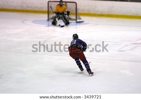 Hockey player skates towards the net with speed on a breakaway