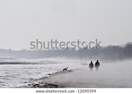 Couple and a dog are taking a walk on the beach during the spring while the ice thaws and fog lifts from the ground
