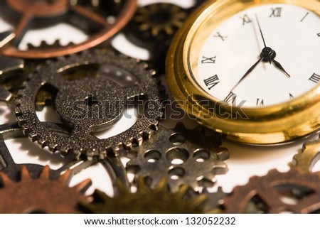 A watch or clock surrounded by gears.
