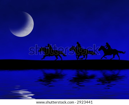 Photoshop drawing of three people riding horses on a moon-lit night.