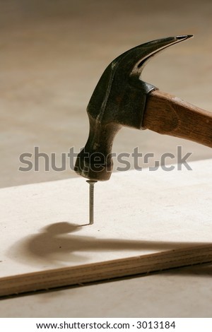 Hitting the Nail on the Head - A Hammer hitting a nail into a wood plank.