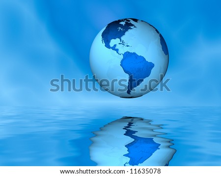 A computer-generated image of a globe floating above water. Base image for globe from NASA: http://visibleearth.nasa.gov/view_rec.php?id=7129