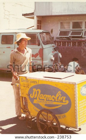 This is an ice-cream man from the Philipines that my dad took a picture of in the 70\'s. The camera he had was a good one. This icecream vendor looks hot in the sun, doesn\'t he?