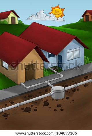 exposed drain system to houses in a small city ou neighborhood