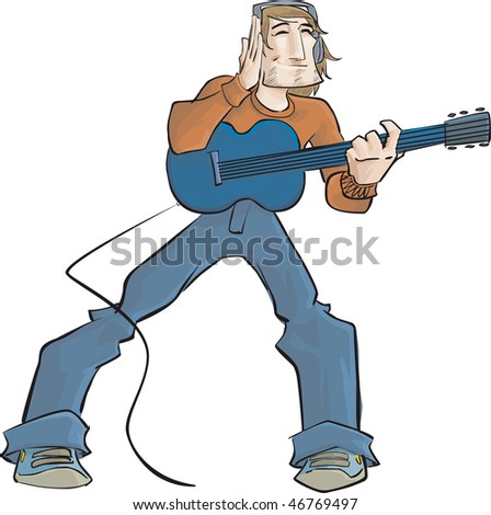 A guitar guy trying to listen the phone