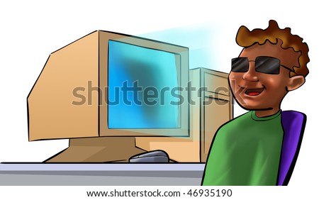 a Blind boy in front a turned on computer