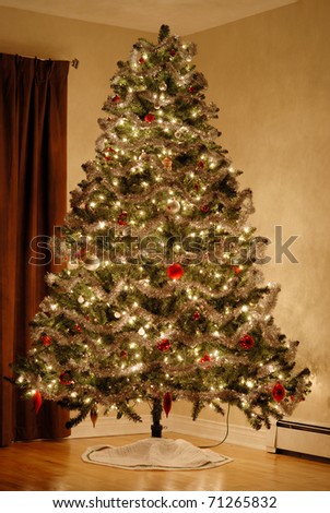 A Christmas tree stands in the corner of a room.