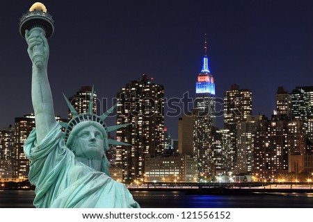 Manhattan Skyline and The Statue of Liberty at Night Lights, New York City