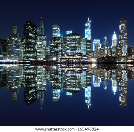 Manhattan Skyline At Night Lights, New York City