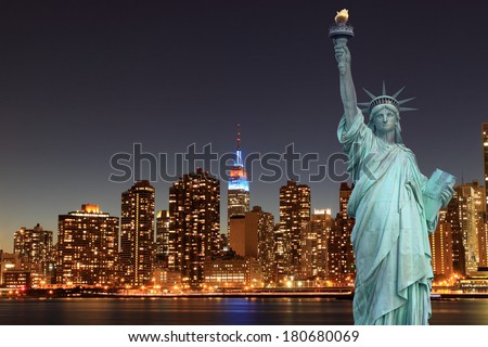 Midtown Manhattan Skyline and The Statue of Liberty at Night, New York City