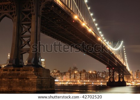 New York City Skyline and Manhattan Bridge At Night