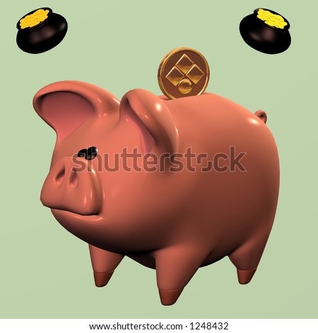 A coin deposited in a piggy bank and two pots of gold symbolize savings and wealth.
